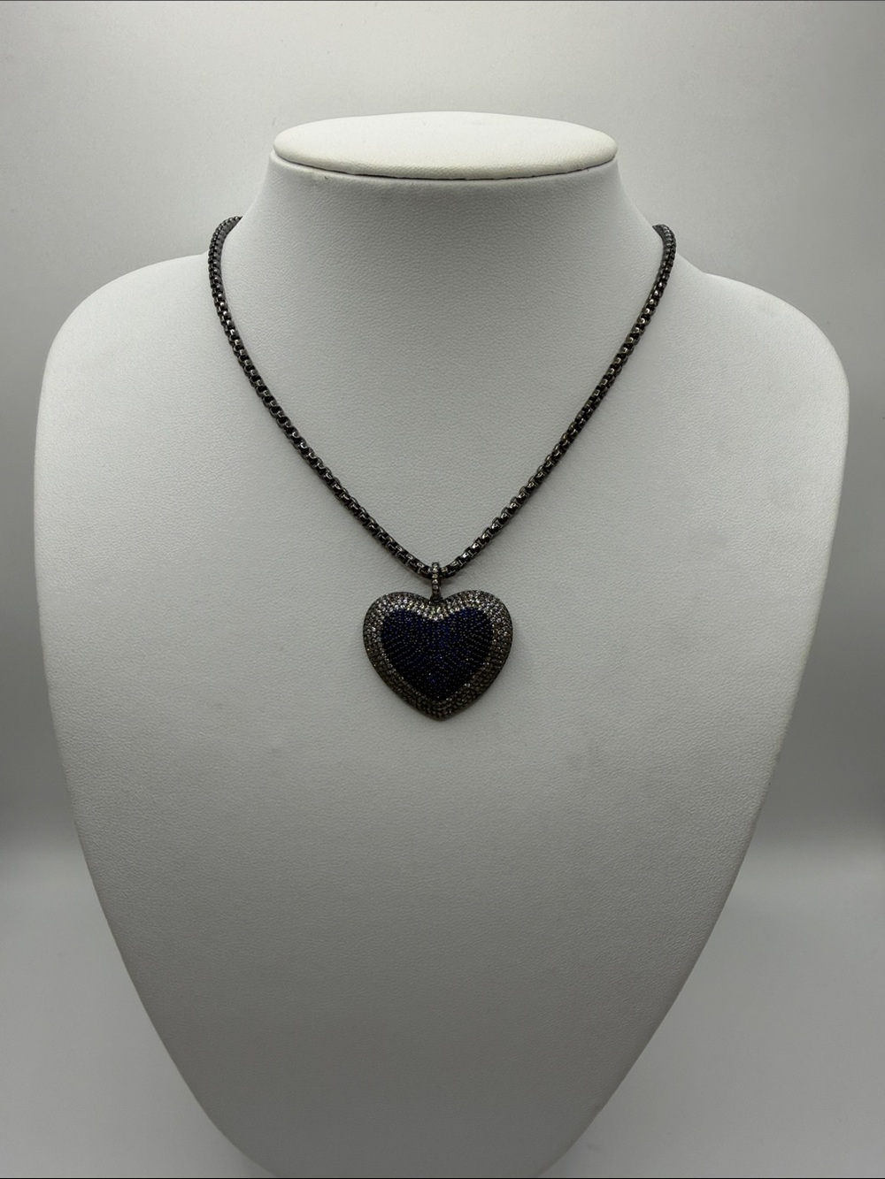 195. Heart Pendant Necklace in Dark Blue and Black Crystals. 16” - 20”
